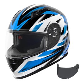 VCAN VX Lightweight Full Face Motorcycle Street Bike Helmet with Extra Tinted Visor DOT Approved (Gloss Black Stream Blue, Large)