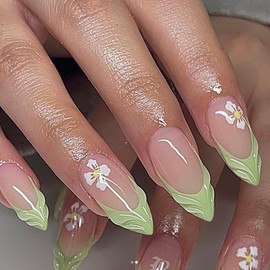SXVME French Pink 3D Press on Nails Medium Short Almond, Flora Spring Fake Nails with Designs, Almond Glue on nails with Swirls, Thick Cute Stiletto Medium Short Nails for Women and Girls, 24 Pcs