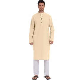 YAOHUOLE Men's Arab Side Split Kaftan Thobe Vintage Kaftan Big and Tall Khaki XL