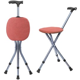 ENLUNTRA Portable Adjustable Folding Walking Cane with Seat and Cushion(Orange)，Cane seat for Seniors with Magnetic Massage Handle, Lightweight Walking Cane with LED Light，Supports up to 330 Pounds