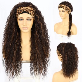 SOMIARIK Glueless Headband Wigs for Black Women Natural Hairline Synthetic Brown Loose Curly None Lace Front Glueless Wigs for Black Women Machine Made Wig Wavy pre plucked 26 Inch