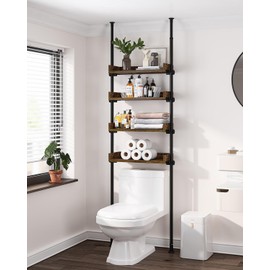 ALLZONE Bathroom Organizer, Over The Toilet Storage, 4-Tier Adjustable Wood Shelves for Small Rooms, Saver Space Rack, 92 to 116 Inch Tall, Narrow Cabinet, Rustic Brown