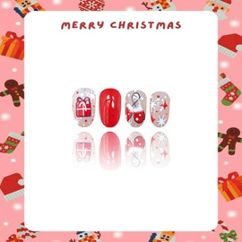 Christmas Press on Nails Medium Oval Fake Nails Red False Nails with Cute Xmas Gloves Designs Lovely Stars Glossy Full Cove Winter Glue on Nails Xmas Acrylic Nails for Women Gi﻿rls 24 Pcs