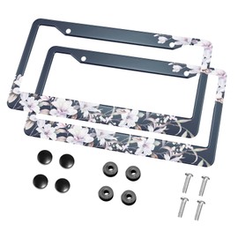 HOSNYE Magnolia License Plate Frame Black 2 Pcs Watercolor Flowers Metal Cute Licenses Plates Frames Licenses Plate Covers Car Tag Frame for Women Men US Vehicles, 12 x 6 Inch