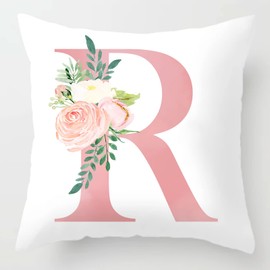 Alphabet Decorative Pillow Covers 16x16 Inch Pink Letter R Pillow Covers Floral Throw Pillow Covers Soft White Velvet Square Cushion Covers Pillow Cases Home Sofa Couch Cushion Cases 16x16 (R)