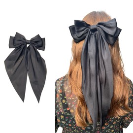 Silky Satin Big Bow Hair Clips - Black - Elegant Solid Color French Barrettes, Handmade Stylish Hair Fastener Accessories for Women and Girls
