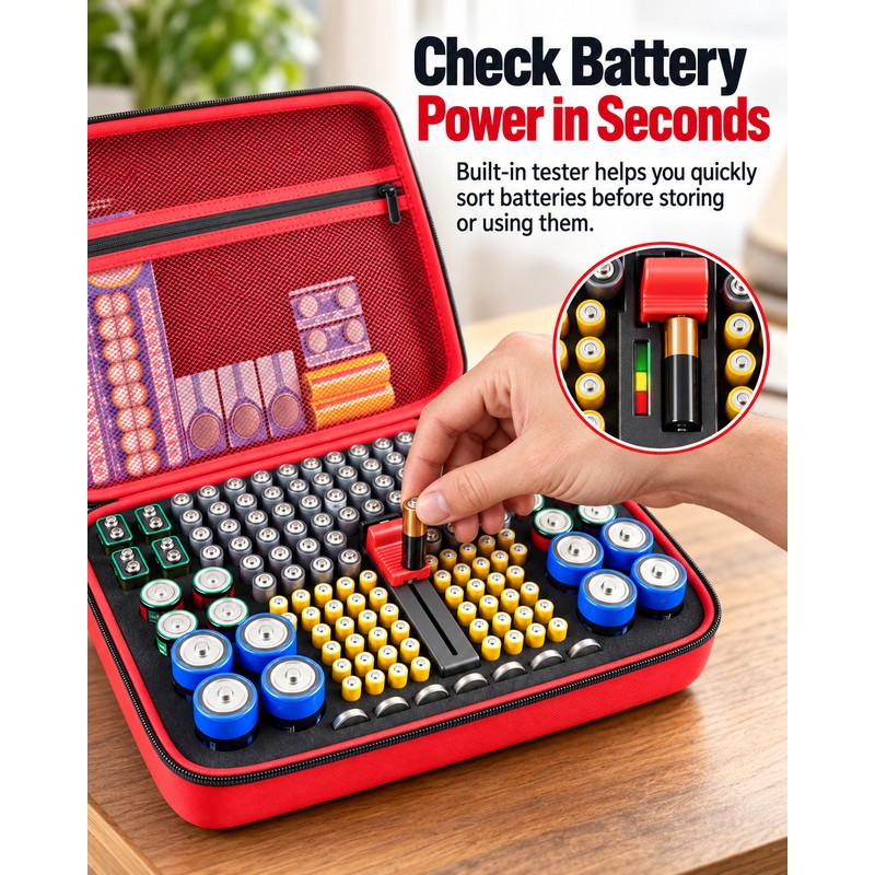 Battery Organizer Case with Tester for Home Storage – Hard-Shell