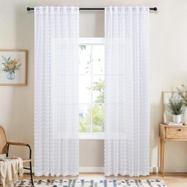 White Sheer Curtains 84 Inches Long for Living Room Bedroom Farmhouse White Pom Pom Curtains 2 Panels Back Tab Shabby Chic Boho Curtain Semi Sheer Nursery Kids Aesthetic Ruffle Drape 52x84 Length