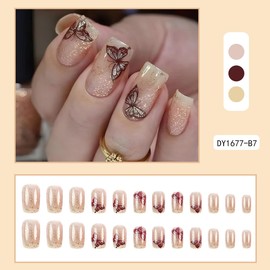 24Pcs Short Square Press on Nails Butterfly Fake Nails Gold Glitter Acrylic Nails Full Cover Glue on Nails with Butterflies Designs False Nail Tips Glossy Reusable Stick on Nails for Women Girls