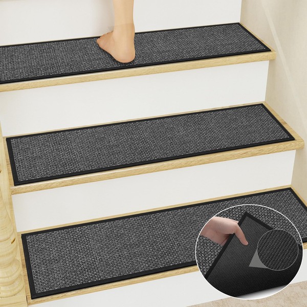 Jute Stair Carpet Treads Non Slip with Rubber Backed,15Pcs Black