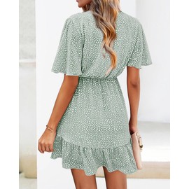 KIRUNDO Women's Summer Dresses 2025 Casual Short Sleeve V Neck Ruffle Floral Print High Waist Flowy Mini Dress with Belt(Small, Green)