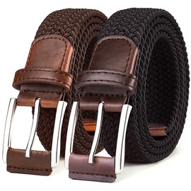 BULLIANT Belt for Men 2Pack,Mens Gift Stretch Braided Web Belt Elastic for Casual Golf Jeans,1 3/8"(Black/Deep Brown,42"-46" Waist Adjustable)