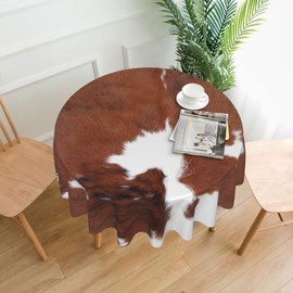 Brown Cowhide Cow Print Tablecloth Round 60 Inch Table Cover Tablecloths Reusable for Kitchen Dining Home Party Picnic Farmhouse Decor (Not Real Cowhide Not Faux Fur)