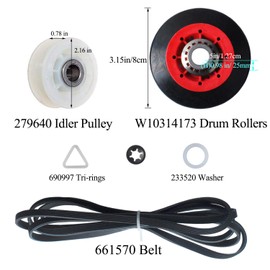 4392067 Dryer Repair Kit compatible with Whirlpool/ Maytag/ Kenmore, Replacement for 4392067VP, PS373088, 587637, 80047, AH373088, AP3109602, EA373088, Dryers Repair Kits Include 279640 Idler Pulley, W10314173 Drum Roller , 661570 Belt, etc