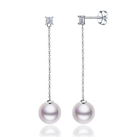LUCKMORA Pearl Earrings Dangle for Women Drop 925 Sterling Silver Real 8mm Round Freshwater Cultured Pearl Earrings with Long Chain