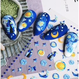 TiMi 3D Nail Stickers - Gothic Cross & Starry Sky Design, Black White Chrome Hearts Nail Art Decals​ A Set of 3 Sheets