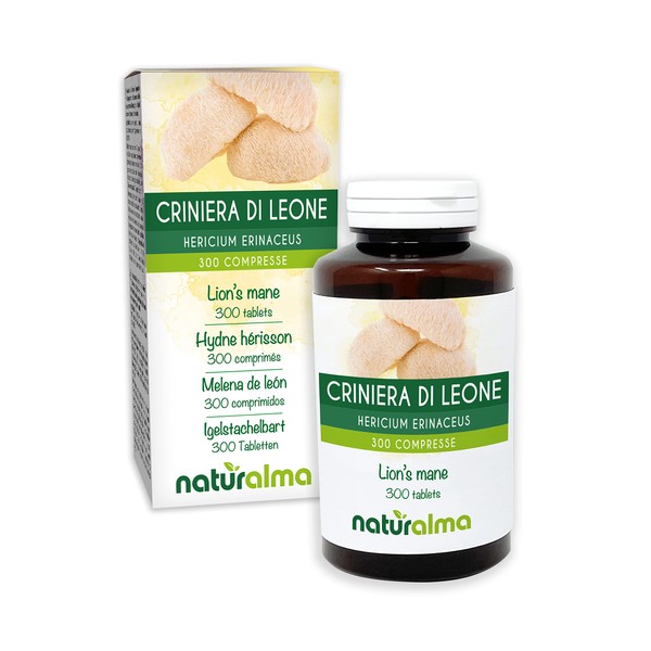 Lion Mane or Monkey Head (Hericium erinaceus) NATURALMA Mushroom | 150g | 300 Tablets of 500 mg | Food Supplement | Natural & Vegan