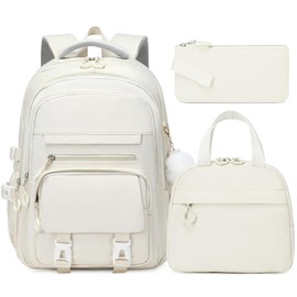 GeeWin Beige Backpack for Girls, School Bags for Girls, Bookbag for Kids Teens Children Elementary Middle School Student, 3PCS Waterproof Kids Backpack Daypack with Insulated Lunch Bag & Pencil Bag