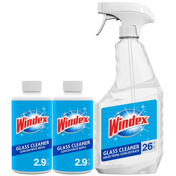 Windex Glass Cleaner Concentrate Starter Pack, Re-usable Trigger Bottle and Two 2.9 Ounce Refills