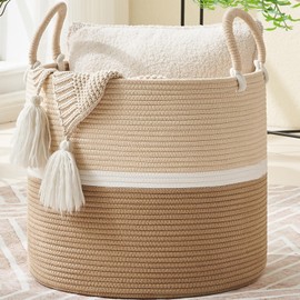 KAKAMAY Large Blanket Basket (18"x18"x16"),Woven Baby Laundry Hamper for Storage, Cotton Rope Blankets Baskets for Nursery, Laundry, Living Room, Pillows, Baby Toy chest with Handles (Light Brown)