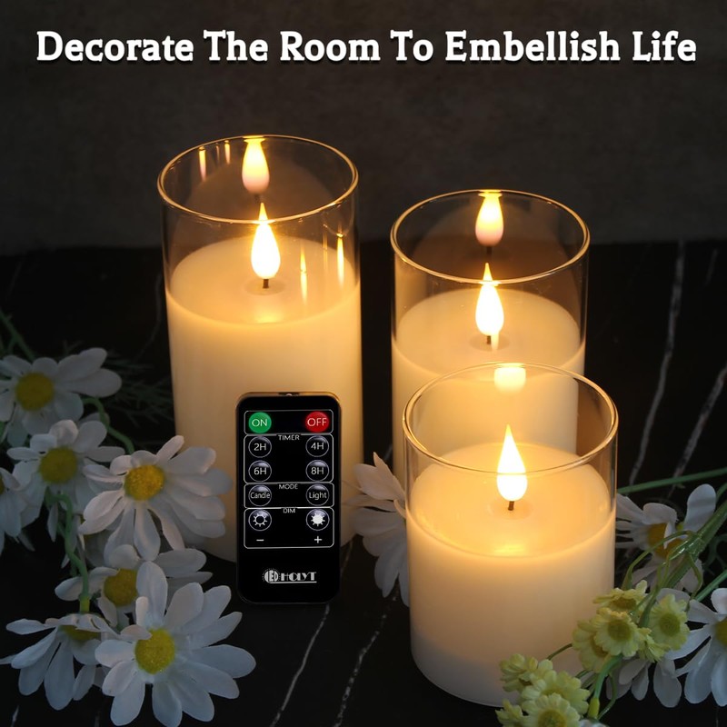 LEDHOLYT Rechargeable Flameless Glass Pillar Candles–Gifts for Women–Set of 3,