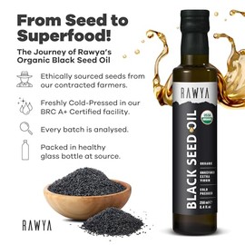 RAWYA Aceite de Comino Negro - Prensado En Frío - Comino Negro Turco - Nigella Sativa Premium Con Timoquinona - Kalonji - Sin Omg Ni Gluten - Suplementos Nutricionales - Sabor Extra Fuerte - 237 Ml