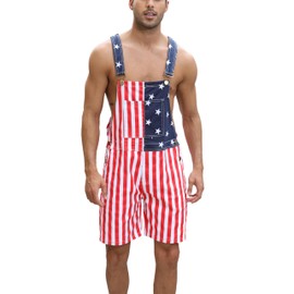 Fiksmigo American Flag Overalls Mens 4th of July Jean Jumpsuits Denim Bib Shorts Vintage Jeans with Pockets