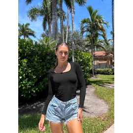 OQQ Women's Bodysuits Ruched Long Sleeve Square Neck Lounge Stretch Travel Bodysuits Black