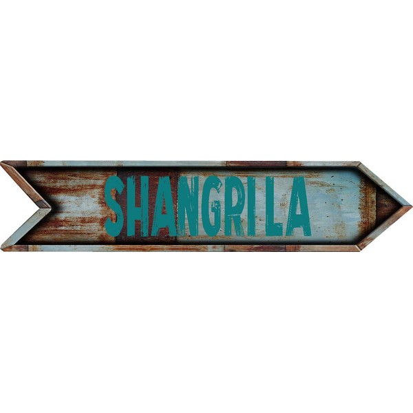 ANY AND ALL GRAPHICS Shangri LA City 4"x18" Teal Lettering Arrow Shaped Rustic Antique Vintage Look Composite Aluminum Novelty décor Sign.