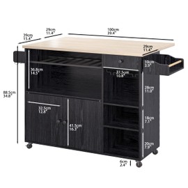 IRONCK Rolling Kitchen Island Cart with Drop-Leaf and Wine Rack, Microwave Rack Serving Cart on Wheels with Drawer & Shelves & Spice Rack & Cup Hanging, Black