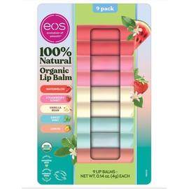 Bálsamo labial orgánico, paquete de 9, sandía, sorbete de fresa, vainilla, menta dulce, limón, certificado USDA, 0.14 onzas cada uno