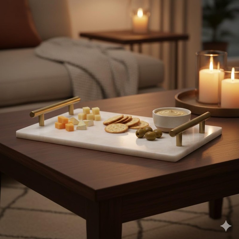Queenza White Marble Decorative Tray with Gold Handles (12 x