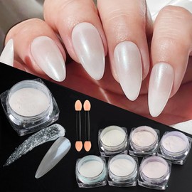 FSpronail White Pearl Chrome Nails Powder 6 Colors Moonlight Chrome Nail Powders Kit Glitter Dust Pearlescent Mirror Effect Nail Art Pigment Mermaid Pearl White Pink Yellow DIY Manicure Pigments