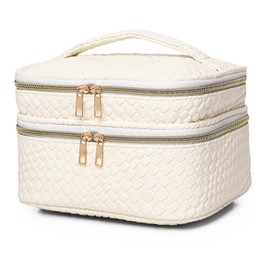 LOFOWN Large Makeup Bag for Women Double Layer Cosmetic Bag with Jewelry Organizer Compartment Waterproof Travel Toiletry Bag (B/White)