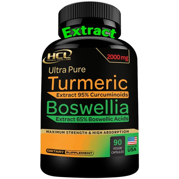 HCL HERBAL CODE LABS Turmeric Boswellia Extract Supplement 2000 mg – Strong Natural Joint Support Pills – Extra Strength Boswellia Serrata with Turmeric Curcumin Powder 90 Capsules