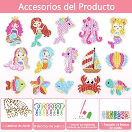 Kit de Pintura de Diamantes para Niños, 15 Diamond Painting y 50 Pegatinas, Pegatinas de Pintura de Diamantes con Herramientas de Pintura, Llaveros DIY Artes y Manualidades para Niñas (Sirena)