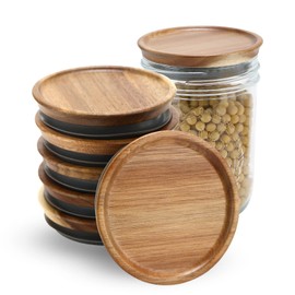 6 Pack Wide Mouth Mason Jar Lids Reusable canning lids Acacia Wooden mason jar Lids with Airtight Silicone Seal, Brown (6PCS Wide Lids)
