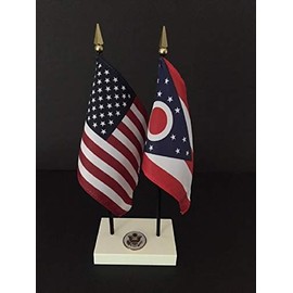 1 American and 1 Ohio Executive Flag Set American Made Rayon 4x6 inch Desk Set Includes a 2-Hole White ArcticSno Base with a USA Great Seal and Two Flags