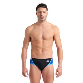 ARENA Performance Men's Icons Panel Swim Brief Chlorine Resistant MaxLife Sports Swimsuit Practice Pool Training Competitive Bathing Suit, Black/Neon Blue/Red Fandango, US Size 38