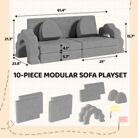 MAMIZO 10pcs Modular Kids Play Couch, Child Sectional Sofa, Nugget Couch Large Size, Toddlers Floor Sofa W/Suede Cover, Convertible Foam Cushion Couch for Playroom Creative Boy Girl (Gray)
