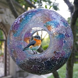 Teravem Solar Fly Through Bird Feeder - 8-Inch Round Mosaic Glass Container for Outside Hanging - Garden Decor to Attract Wild Birds, Gift for Bird Lovers