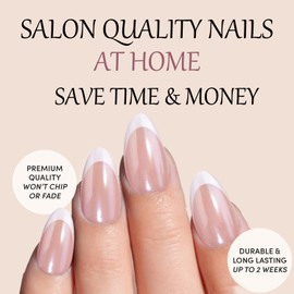 French Tip Press On Nails， White Semi-Translucent Short Almond Medium Reusable Stick On Nails in 12 Sizes - 24 Soft Gel Fake Nail Kit for Women