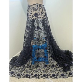 wowfabric4less123 NAVY BLUE  Embroidery Sequins Lace Fabric 50” Width Sold By The Yard