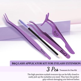 B&Q Eyelash Applicator Tool 3 Pieces Lash Applicator Tool Kit Lash Tweezers for Eyelash Extensions Lash Extension Tweezers for Lash Clusters Application Tool and Removal （Purple,3 PCS）