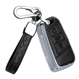 HIBEYO Key Fob Cover with Rhinestones Car Accessories for Volkswagen Passat Golf Alltrack Atlas Jetta Skoda Superb A7 Kodiaq Magotan B8 GTE Arteon Tiguan Smart Key Case-Leather Keychain Black