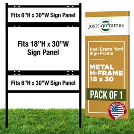 JustSignFrames Real Estate Yard Sign Metal H Frame (1-pack) with Rider - Steel Sign Holder, 18" x 30" Yard Sign Stand, Open House Sign (1 Main, 2 Riders, Black)