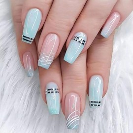 Coffin Press on Nails Medium Fake Nails White & Silver Lines Acrylic Nails Light Green & Translucent Nails Press ons Spring Nails Light Pink Ombre Stick on Nails for Women 24Pcs