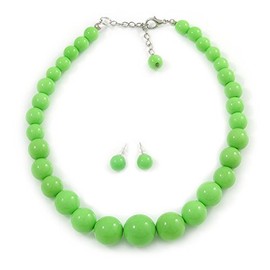 Avalaya Acrylic Bead Short Necklace And Stud Earring Set in Apple Green Colours/ 38cm Long/ 5cm Ext