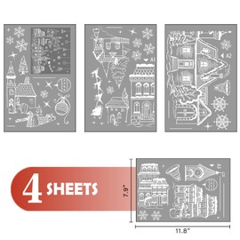 Mfault Grey Christmas White House Window Clings 4 Sheets, Gray Xmas Town Street Scene Stickers Decals Decorations, Winter Holiday Snowflake Home Kitchen Decor