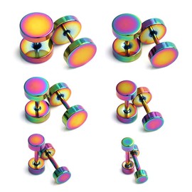 Ruifan 18G Stainless Steel Mens Womens Faux Gauges Ear Plugs Tunnel Earrings Stud 3-8mm 6Pairs - Rainbow